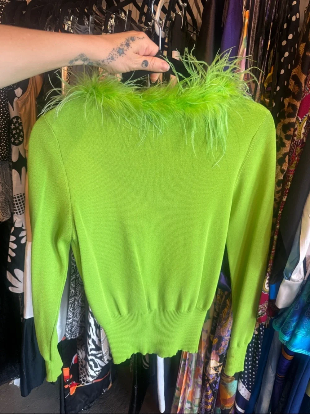 Y2K Lime Green Feather Trim Zip Cardigan - Picture 6 of 6